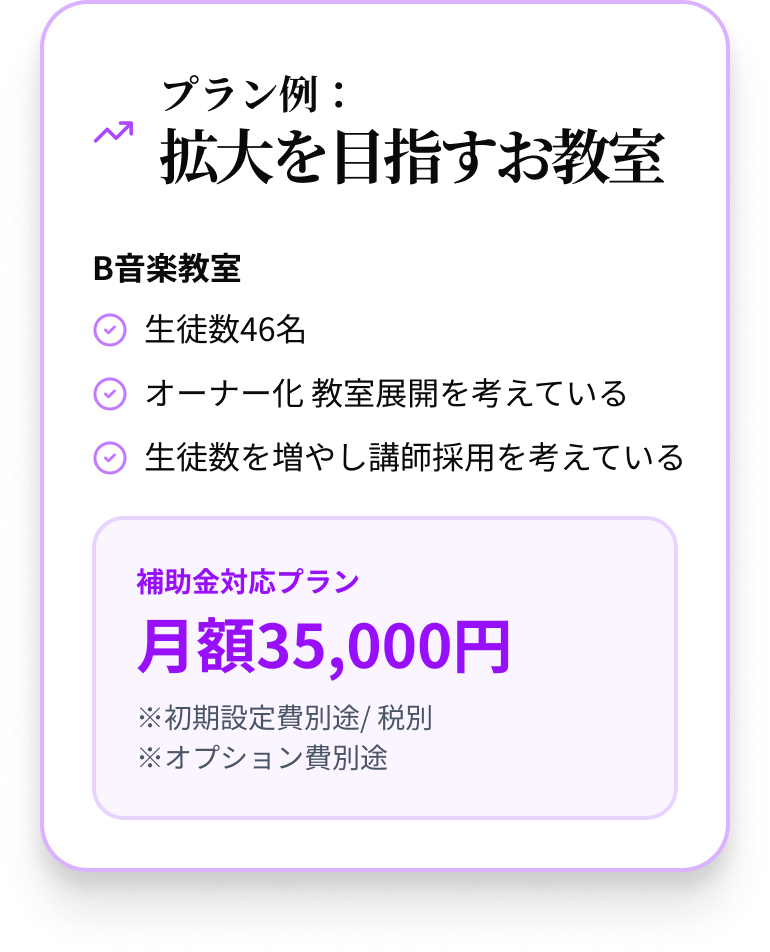 プラン例）拡大を目指すお教室／補助金対応プラン：月額35,000円